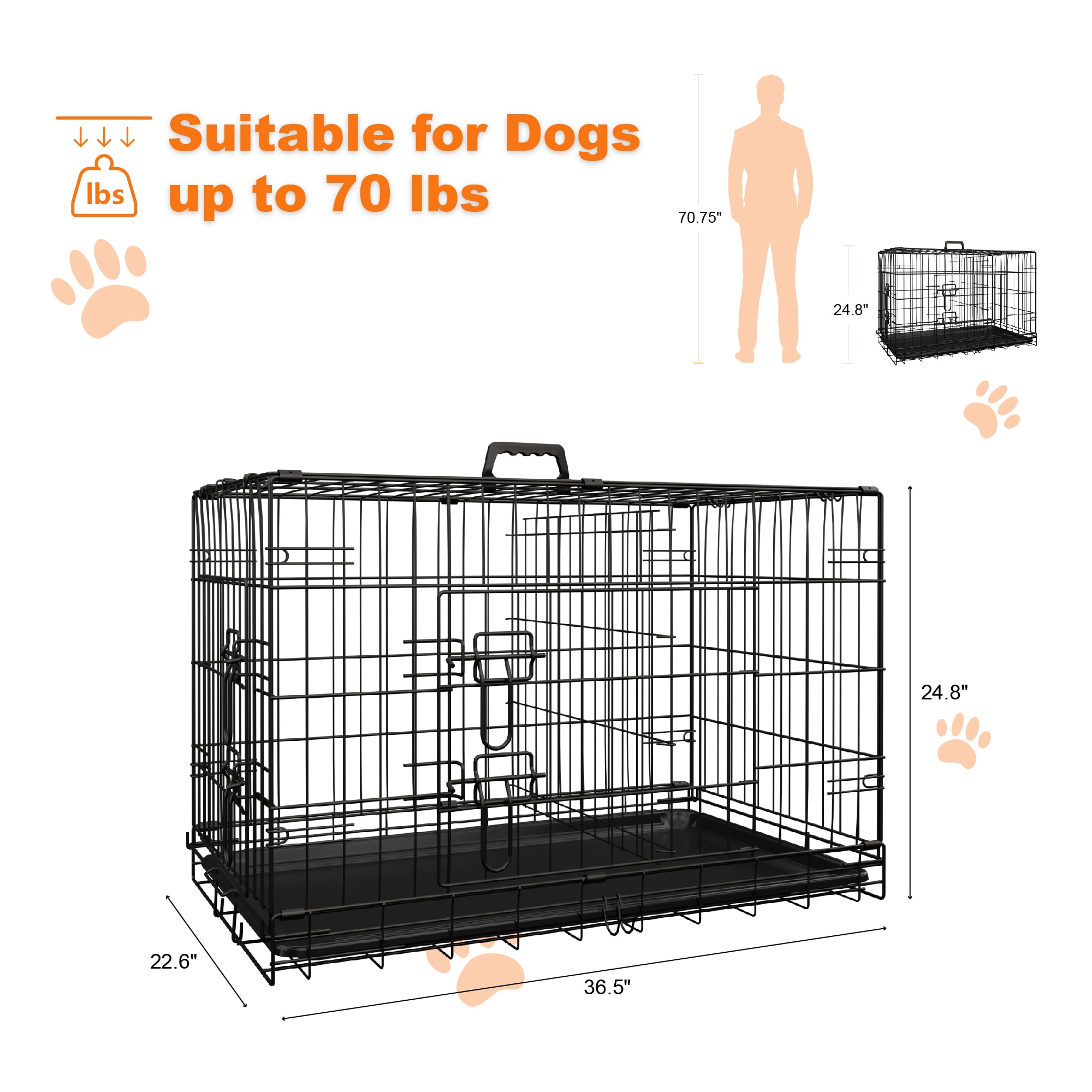 Dog Crate, 36 Inch Medium Dog Cage With Divider And Plastic Leak-Proof Pan Tray, Double Door Folding Metal Wire Cage For Indoor, Outdoor, And Travel, Made In Vietnam_voghion.com